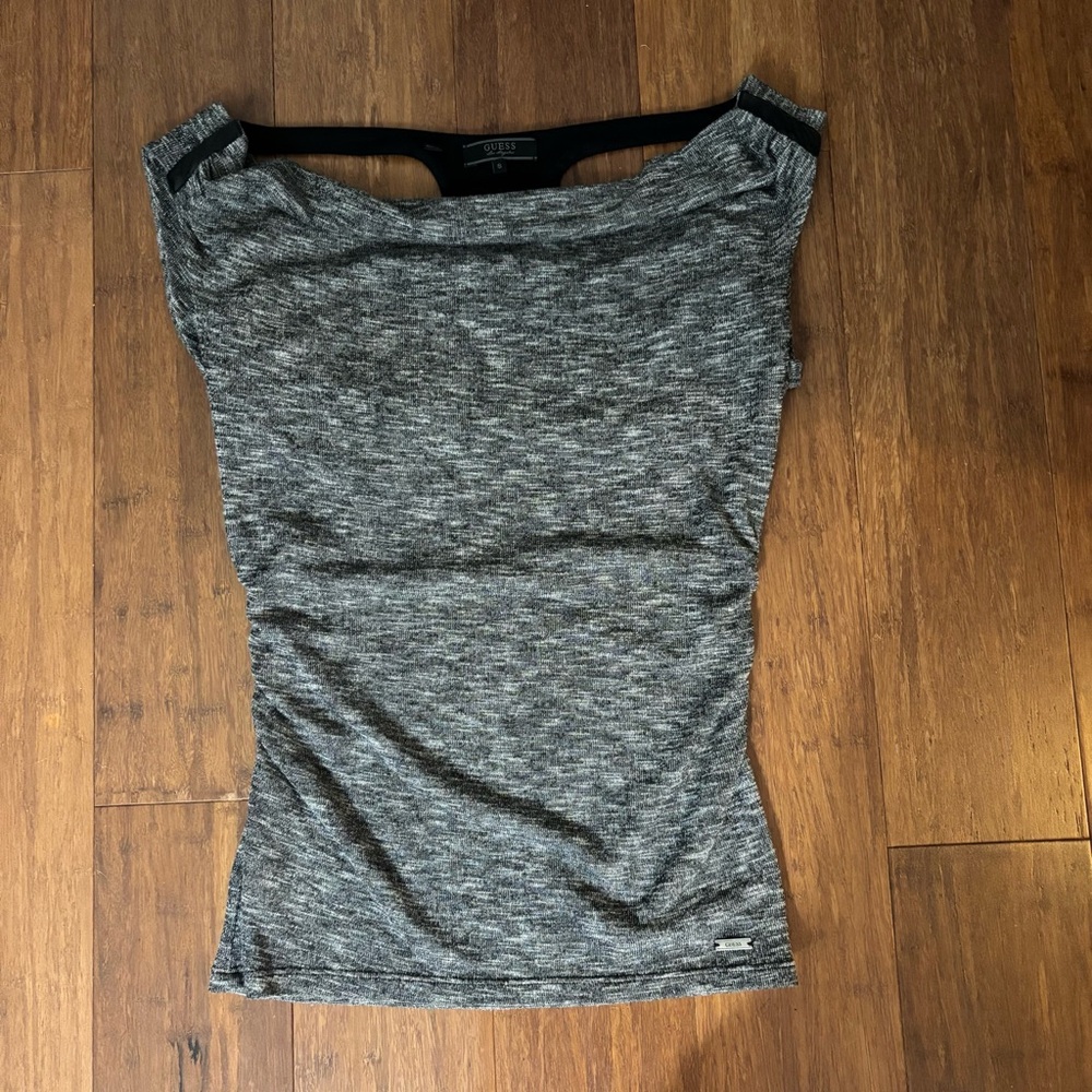 Guess Gray Heathered Ruched Drape Back Racerback Top Size S - Picture 1 of 8